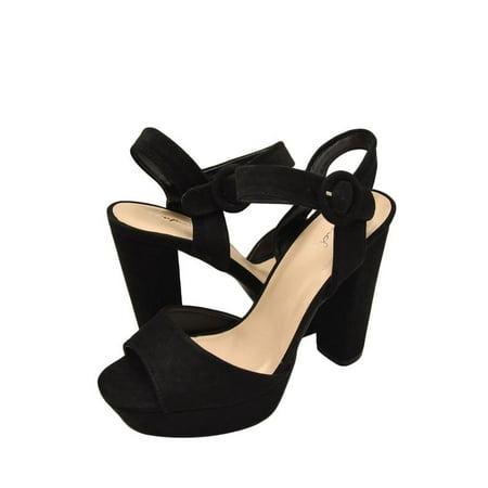 - Qupid Iconic 01 Womens Shoes Faux Suede Open Toe Chunky Heel Black