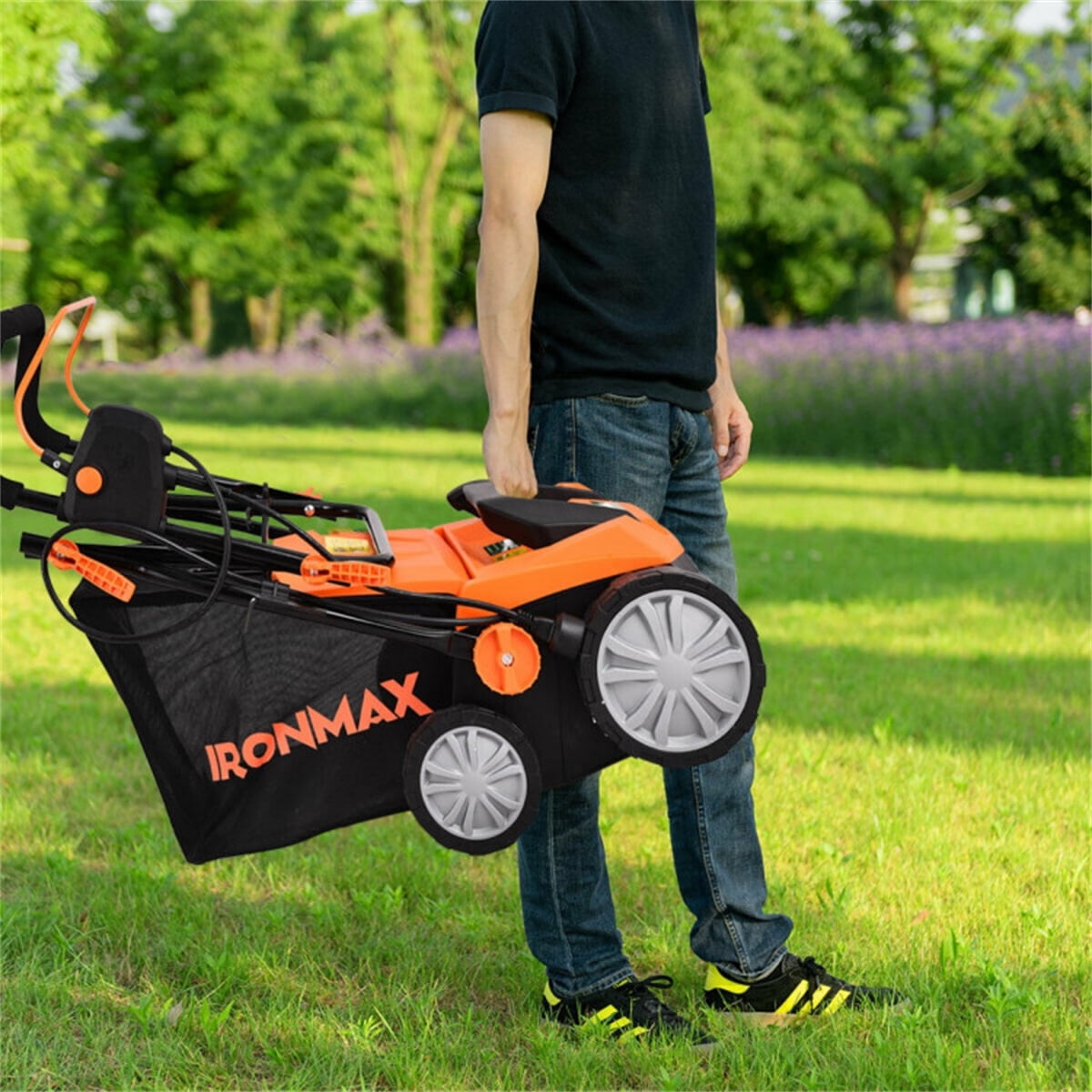Electric Lawn Dethatcher Scarifier 15 Inch 13 Amp Power with 50L Collection Bag 4 Position Depth Adjustable for Yard Dethatching Soil Aeration Lawn Care Maintenance Thatch Removal Orange