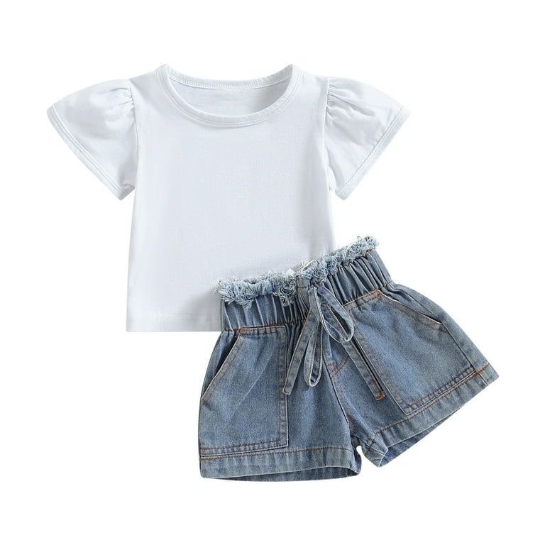 TFFR Toddler Baby Girl White Short Sleeve T-Shirt Bandage Denim Shorts 2Pcs  Outfits Set 