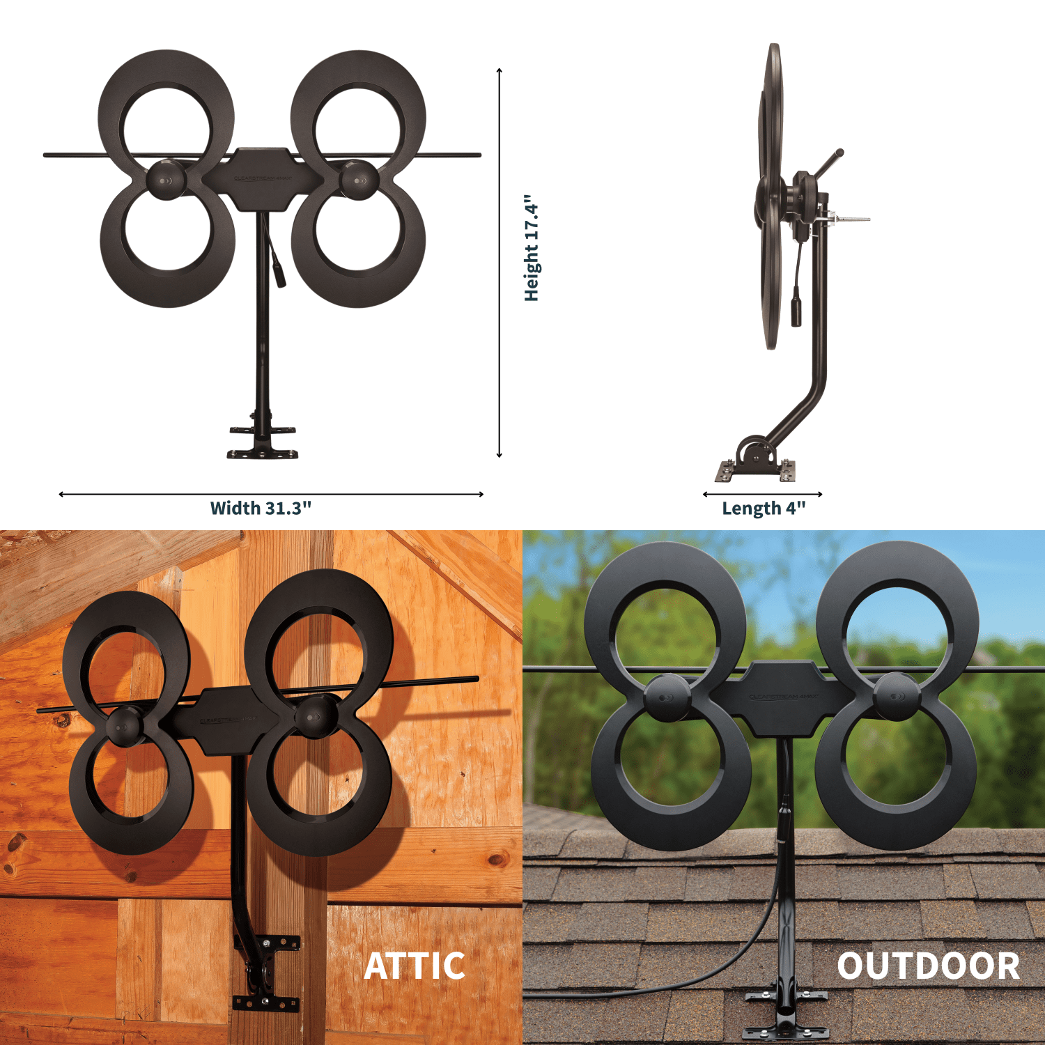 Antennas Direct ClearStream 4MAX Indoor Outdoor TV Antenna, Multi-Directional, 70 Mile Range, Mast