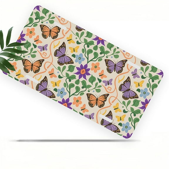 License Plate, Floral butterfly Pattern Decorative Front,Personalized Stainless Steel License Plate Cover For Men Women,12.2" X 6.2"