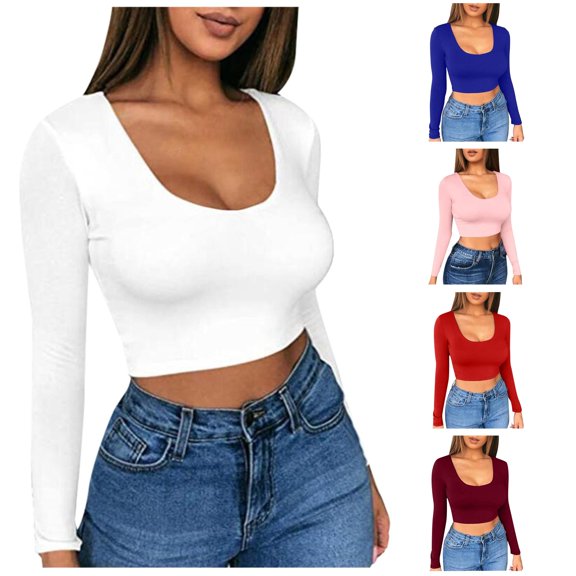 Womens Athletic Tops Women Solid Color Bottom Shirt Short Cut Low With Navel Tight Fitting Long Sleeved T Shirt White M