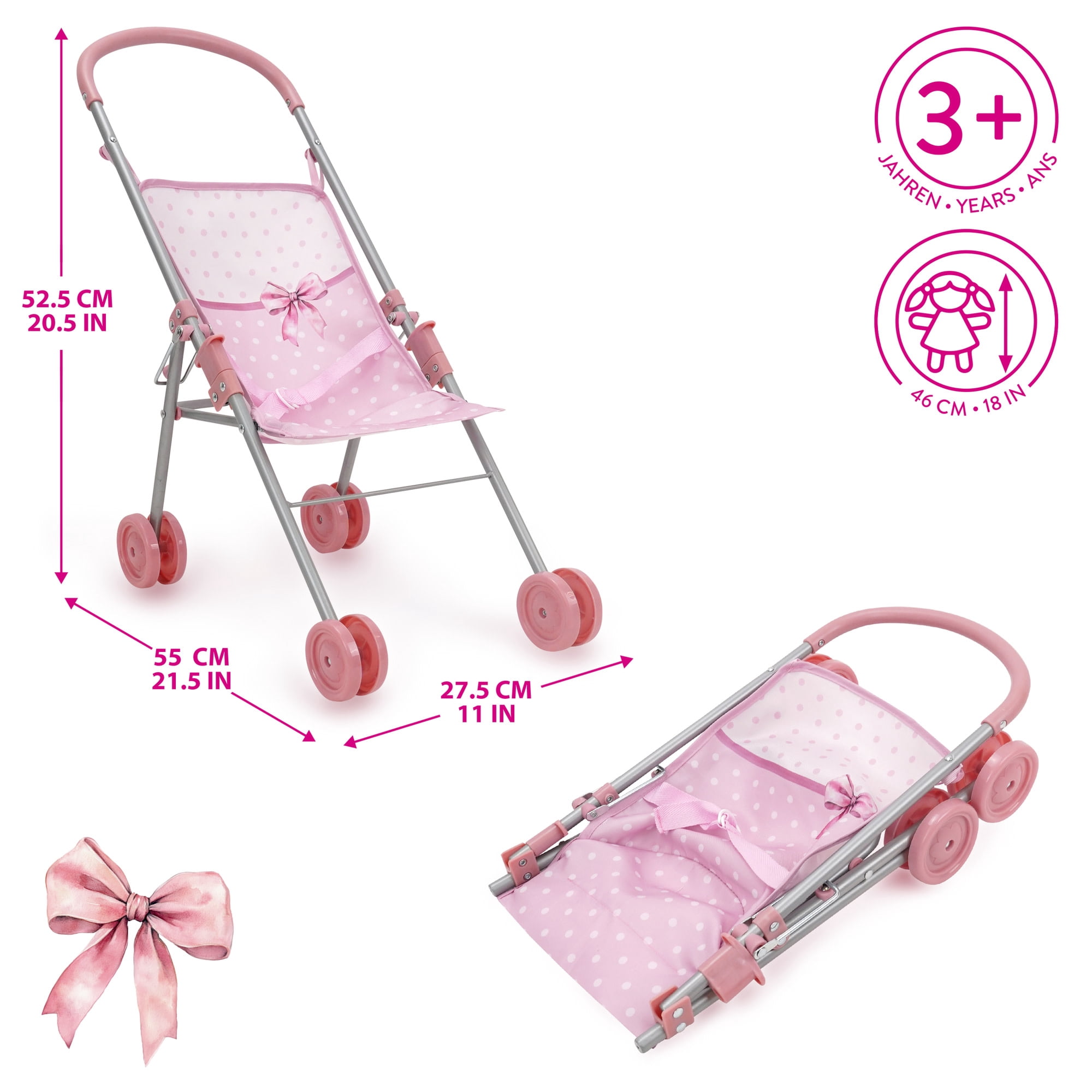 509 Crew: Bow Travel Care n Feed Set & Baby Doll - Pink-White, 9pc On-the-Go Accessories, Highchair-Umbrella Stroller-Play Yard, Roleplay Toy, Kids 3+