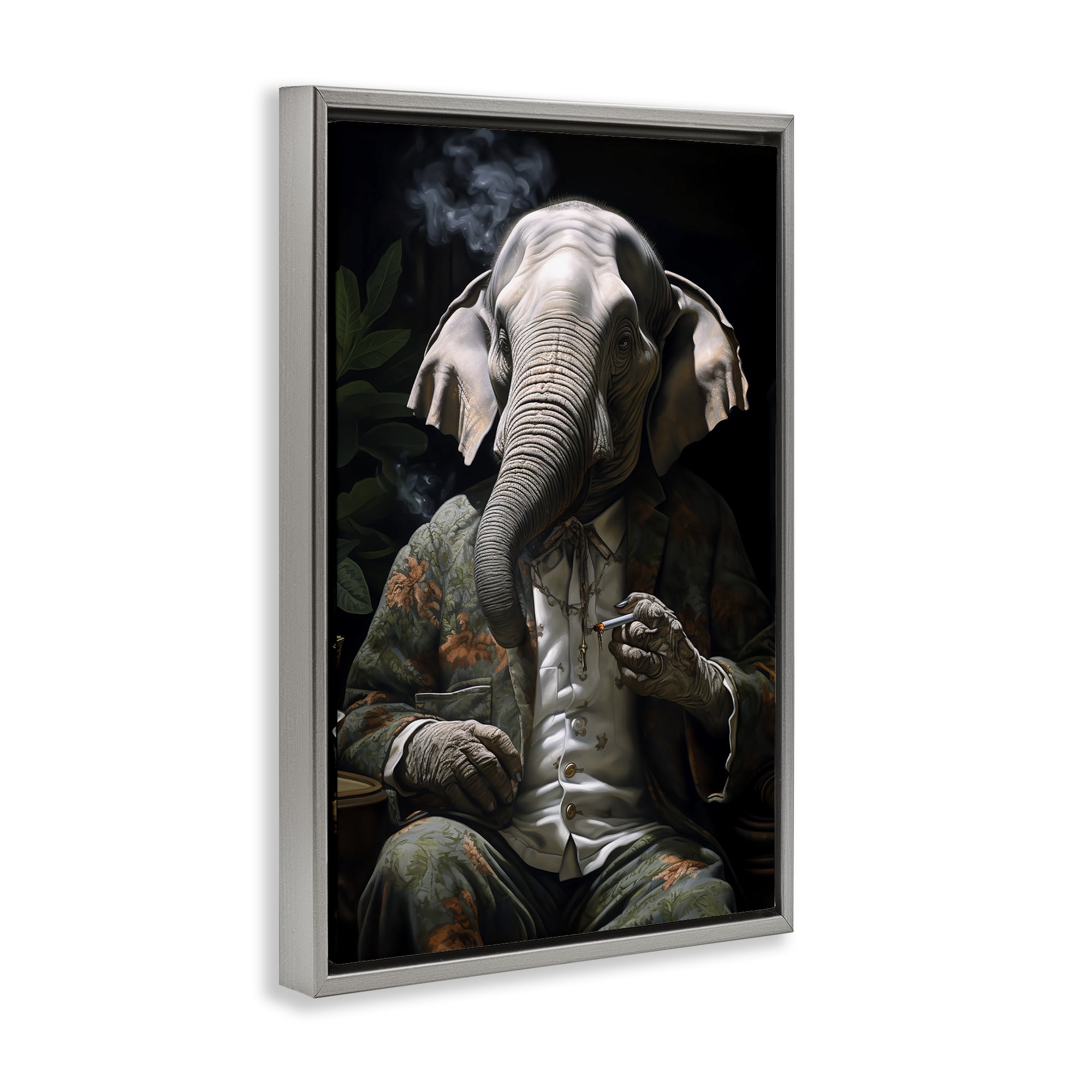 Stupell Industries Elephant Smoking Cigarette Novelty Painting Gray Floater Framed Canvas Art Print Wall Art, 21 x 31
