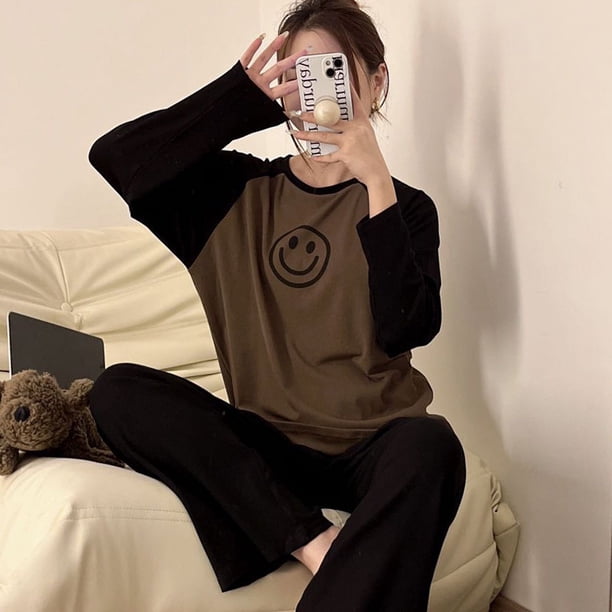 Conjunto de pijama con cara sonriente para mujer, suave y agradable para la piel, ropa deportiva para dormir en casa para mujer