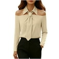 thumbnail image 2 of Lenpel Women's off the Shoulder Tops Long Sleeve Collared Tie Knot Dressy Casual Work Shirts Trendy Office Blouses(Khaki,X-Large), 2 of 7