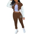thumbnail image 2 of Kiapeise Womens 2pcs Crop Baseball Jacket Tracksuit Varsity Jacket Patchwork Outfit Letter Bomber Coat Bodycon Sweatpants Set, 2 of 6