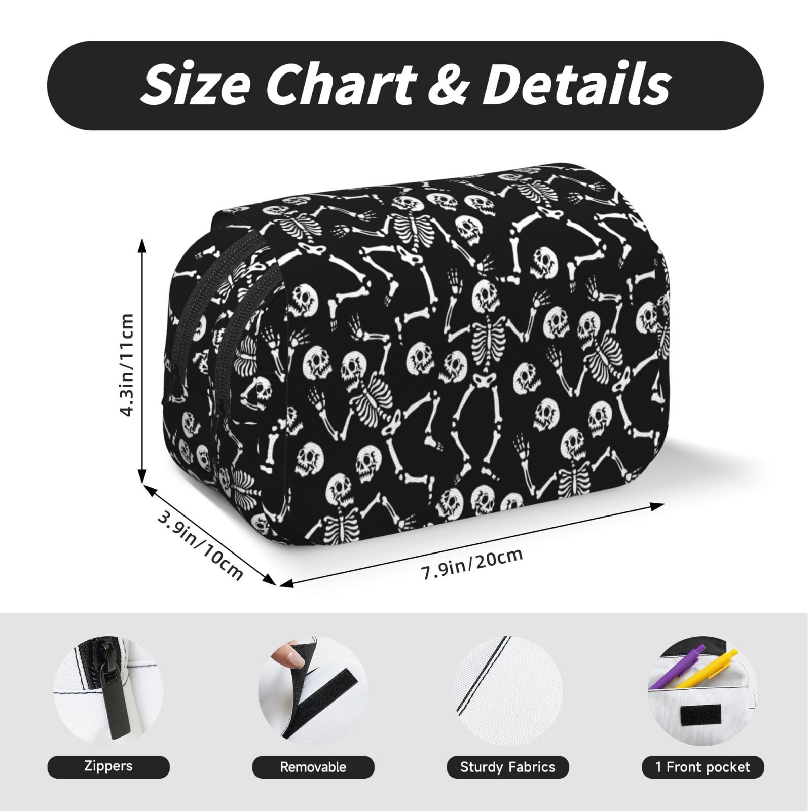 Rateoe Skeletons Dancing Pattern Double Clamshell Pen Case, Storage Organizer with Two Zipper Compartments– Holds Up to 50 Pencils & Pens