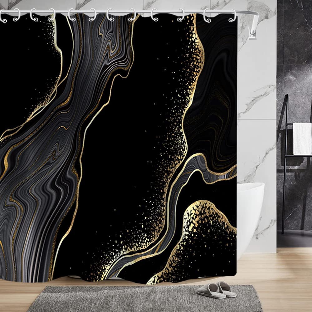 Marble Shower Curtain, Gold and Black Luxury Liquid Marble Shower Curtain Set for Bathroom Waterproof Polyester Fabric Modern Ink Texture Bathroom Decor with Hooks, 72x72 Inch