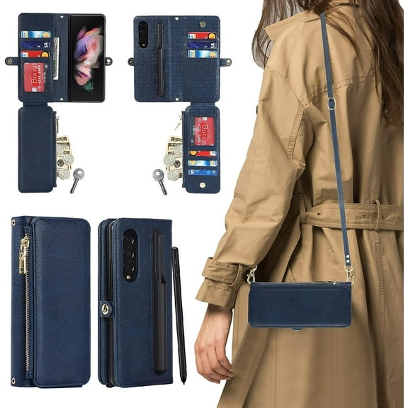 Samsung Galaxy Z Fold 3 5G Wallet Case with Detachable S Pen Holder,Magnetic [9 Card Slots] Removable Adjustable Crossbody Necklace Lanyard Shoulder Strap Zipper PU Leather Case,Blue