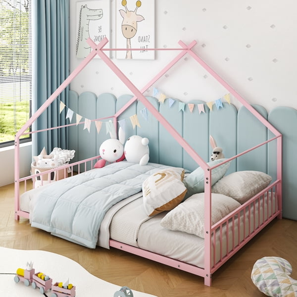 Alvantor Twin Metal House Bed for Girls and Toddlers with Side Guardrails, Pink