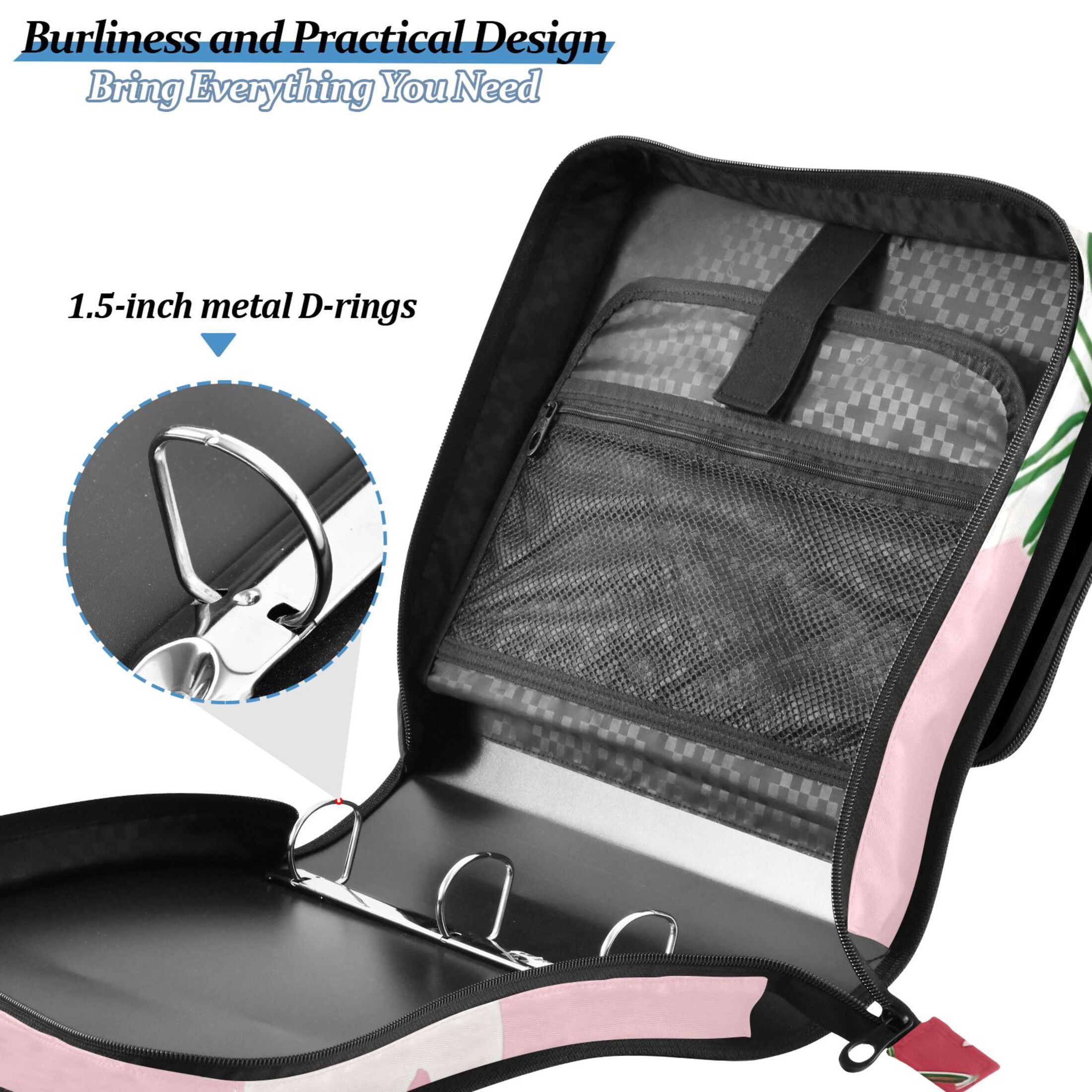 Zipper Binder Strawberry Bow Heart 1.5 Inch Binder Folder Bag with Shoulder Strap and Handle