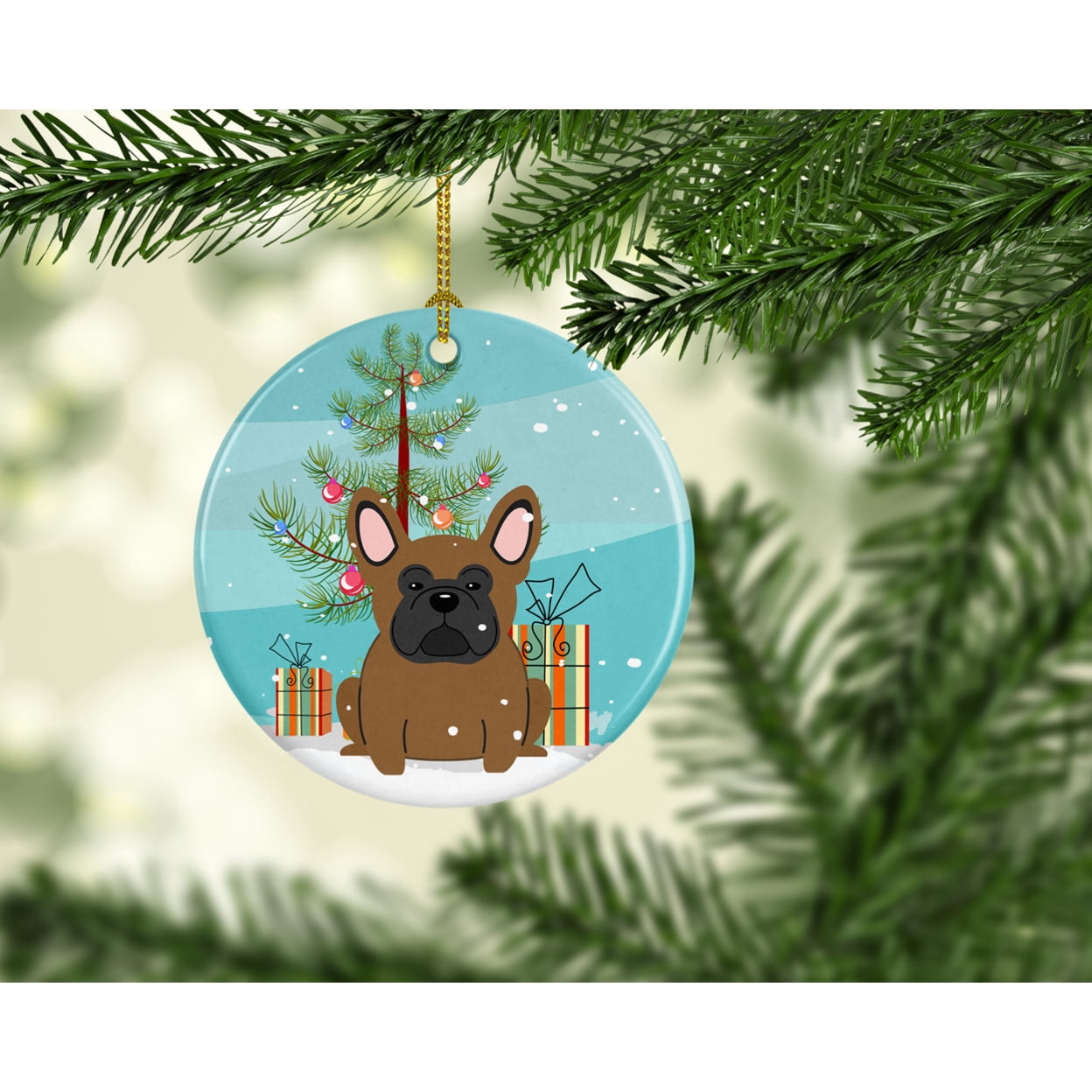 Carolines Treasures BB4138CO1 Merry Christmas Tree French Bulldog Brown Ceramic Ornament 3 in multicolor