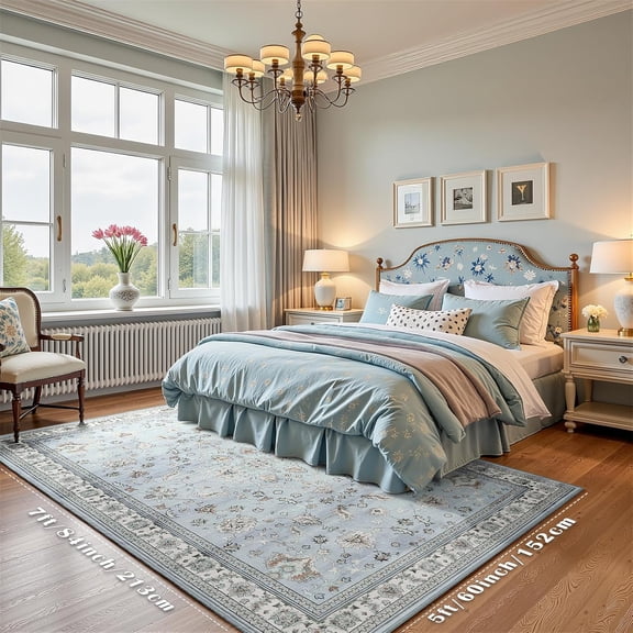 5x7 Light Blue Washable Boho Area Rug for Living Room, Vintage Floral Non Slip Bedroom Rugs, Wool Low Pile Indoor Mat, Aesthetic Pattern Carpet for Kitchen, Office and Kids Room
