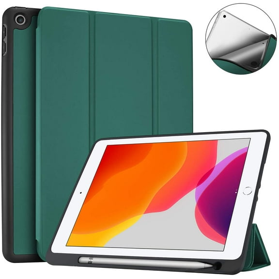 Haobase New iPad 7th Generation Case 10.2" 2019 with Pencil Holder, Flexible Soft TPU Back Cover Ultra Slim Lightweight Stand Protective Case for 2019 Apple iPad 10.2 inch 7th Gen -Green