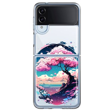 MUNDAZE Samsung Galaxy Z Flip 4 Étui de Téléphone Hybride Transparente Antichoc Kawaii Manga Fleur de Cerisier Rose Ciel Japonais Floral Océan