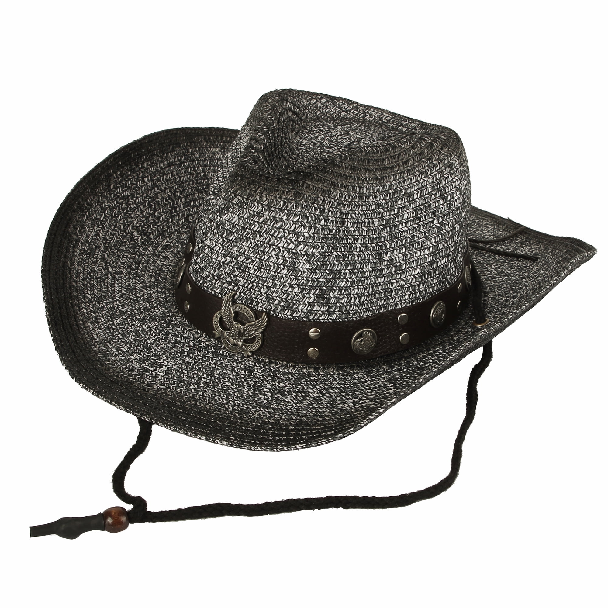 WITHMOONS Western Cowboy Hat Cool Paper Straw Banded Chin Strap DWC1058 (Black)