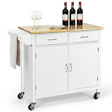 Costway Modern Rolling Kitchen Cart Island Wood Top Storage Trolley Cabinet Utility New White