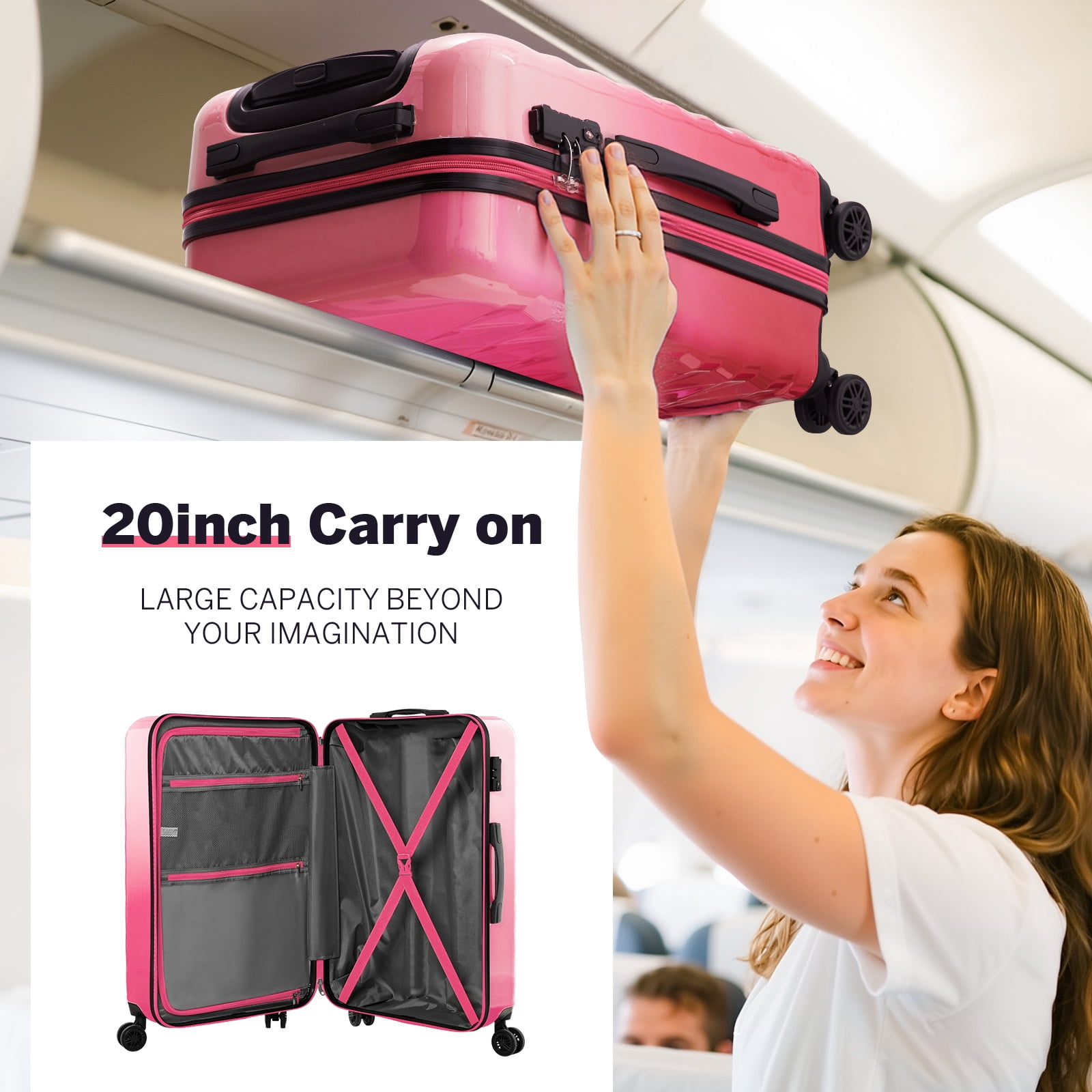 3 Piece Luggage Sets 20"/24"/28" ABS+PC Lightweight Hardshell Suitcase with Spinner Wheels and TSA Lock,Pink