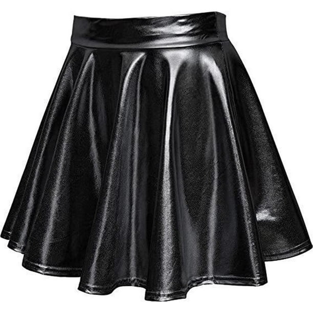 Women's Metallic Shiny Skirt High Waisted Stretchy Pleated Flared A-Line  Costume Party Mini Skater Skirts 