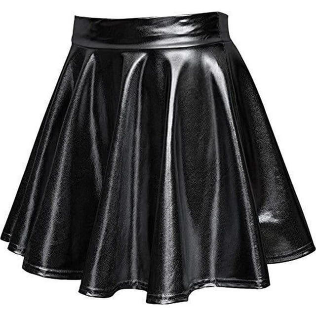 Jupe Métallique Brillante pour Femmes, Taille Haute, Extensible, Plissée, Évasée, Mini Jupe Patineuse pour Fête