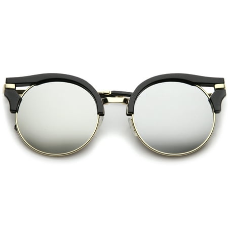 sunglassLA - Round Half-Frame Cutout Color Mirror Flat Lens Cat Eye Sunglasses -