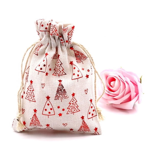 Nvzi 50 bolsas navideñas con cordón, bolsas de bronce, colores surtidos, bolsas de lino, elementos navideños, muñeco de nieve, copo de nieve, Papá Noel, envoltura, estilo B