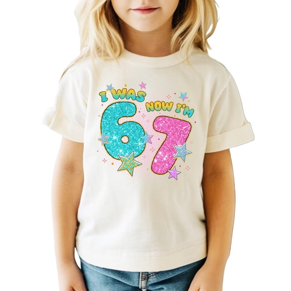 Ink-Printed Glitter I was 6 Now I'm 7 Birthday Shirt for Girls Trendy Six Seven Party T-Shirt Natural Shirt Youth Small