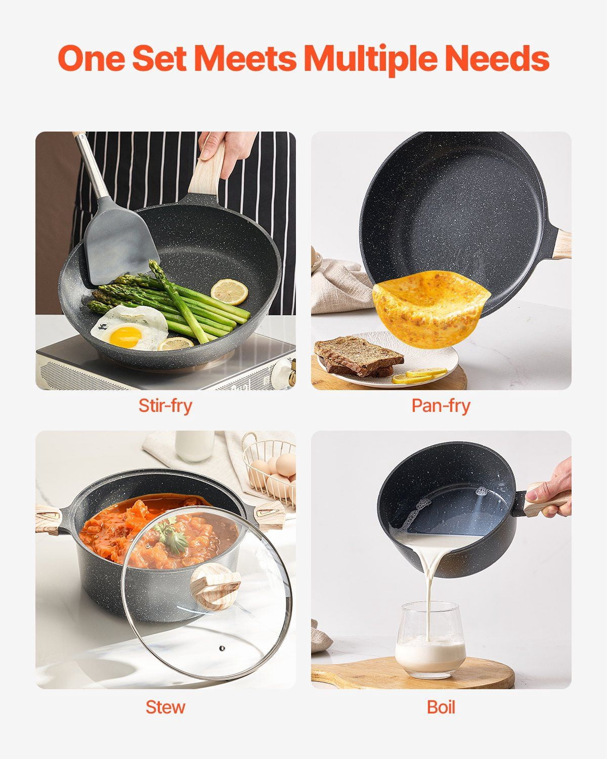 Black Granite Nonstick 19-Piece Cookware Set – Pots and Pans for Induction Stovetops with Ergonomic Handles
