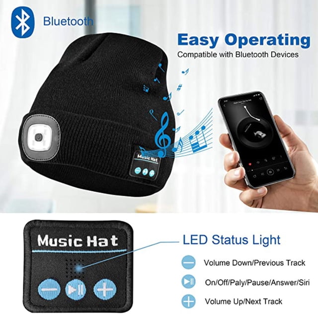 Sombrero de música inalámbrico bluetooth iluminado, parlantes estéreo y micrófono incorporados, sombrero de punto iluminado con LED recargable por USB ==