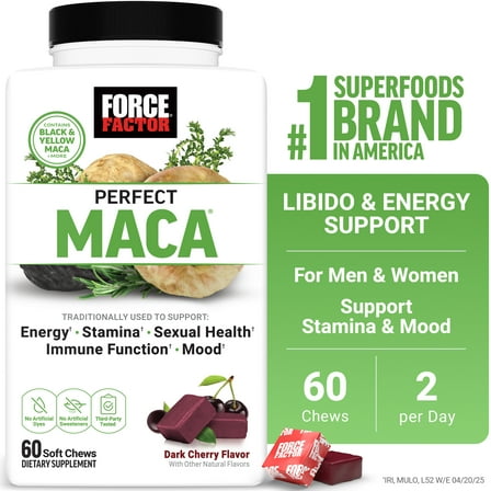 Force Factor Perfect Maca, Black & Yellow Maca Root Supplement with DIM & Saffron for Mood, Hormone, & Energy Support, Dark Cherry, 60 Soft Chews