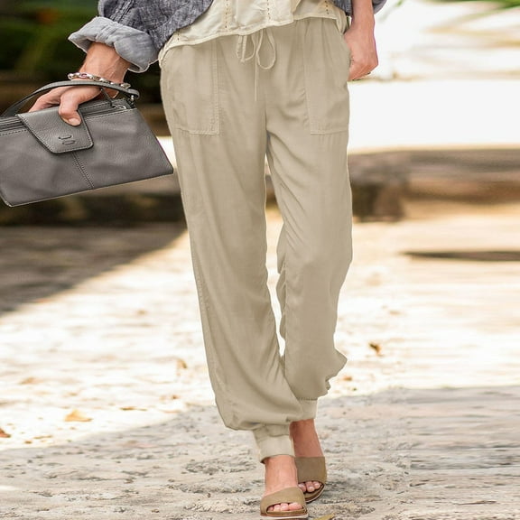 Dqueduo Cargo Pants Women Solid Color Lace-Up Elastic Waist Pockets Casual Work Pants Gifts for Women on Clearance