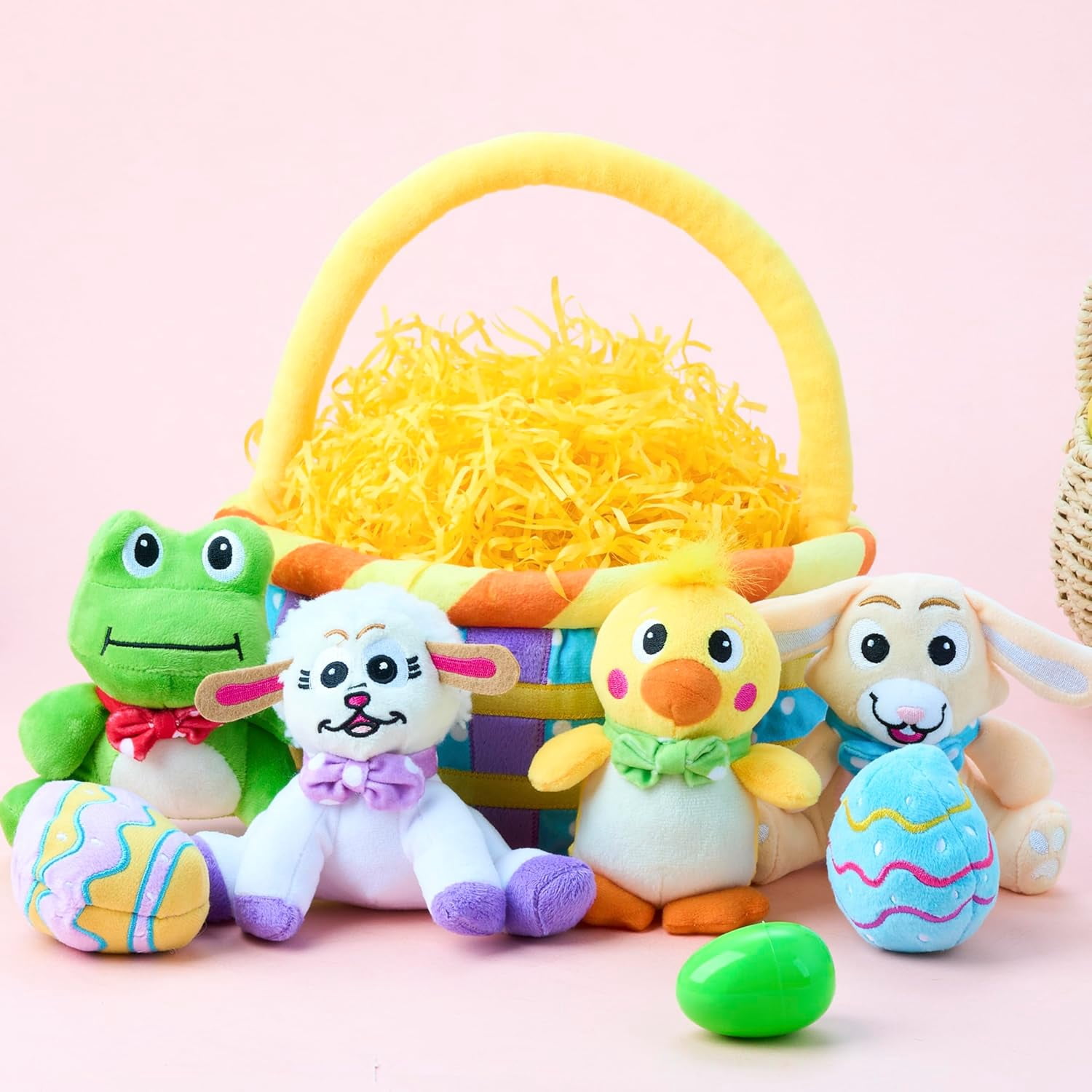 Joyfy 7Pcs Easter Basket for Kids,Basket Stuffers Fillers,Easter Basket Stuffed Animal Plush Playset,Easter Toys for Easter Party Favor Supplies,Easter Eggs Hunt