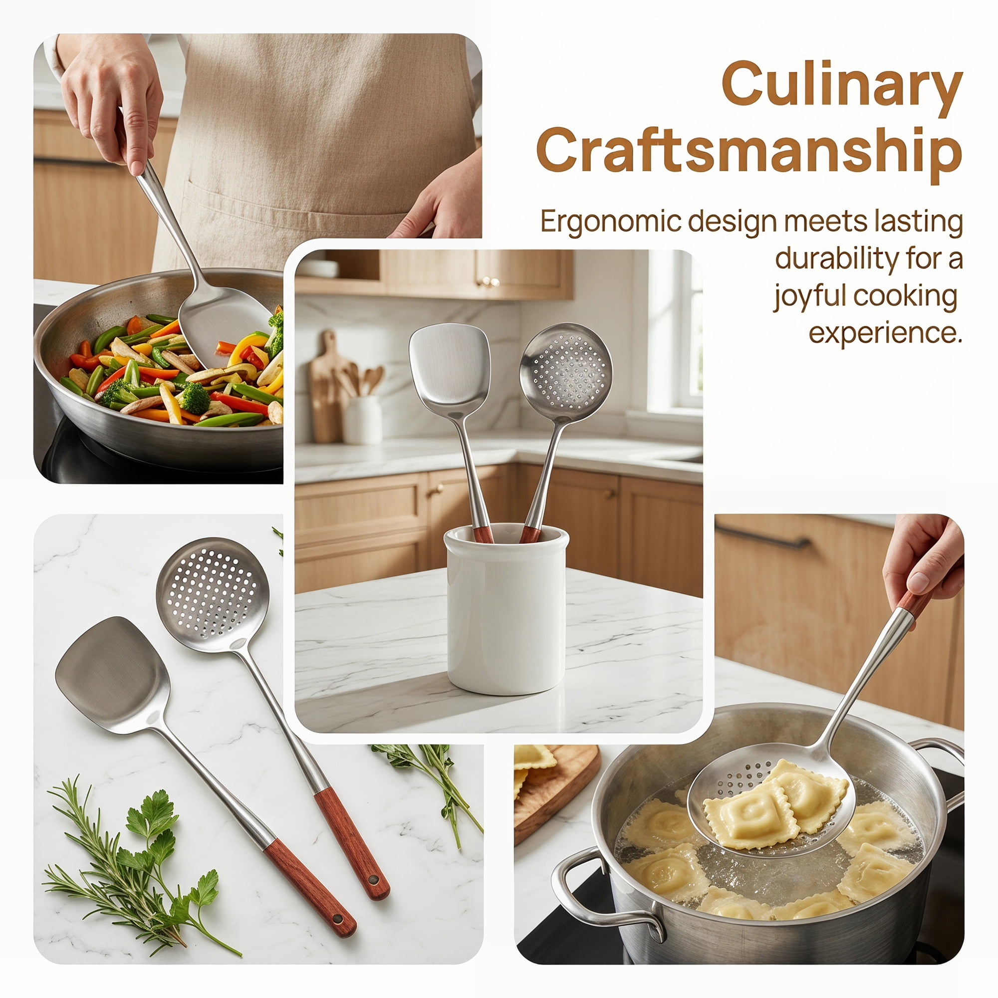 Unique Bargains Cooking Utensil Set, Stainless Steel Kitchen Gadgets Brown C 2pcs