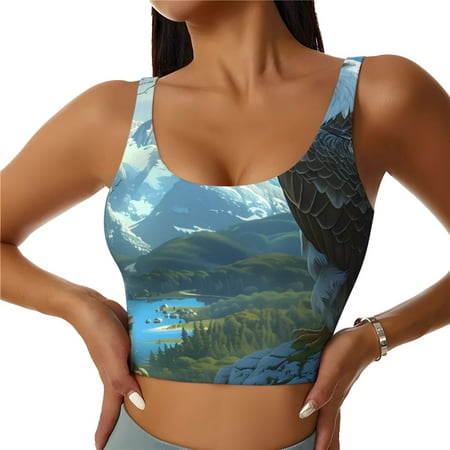 Adobk Majestic Eagle Over Castle Print Sports Bras for Women Longline Workout Crop Tank Tops Padded with Built in Shelf Padded Sports Bra-