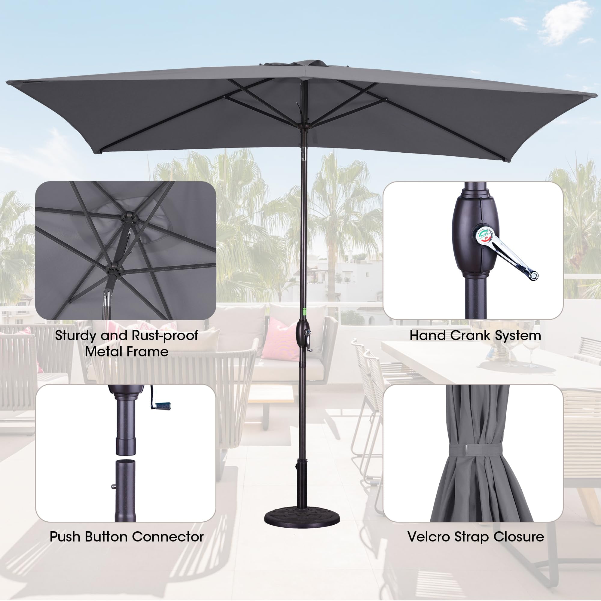 May in Color Patio Umbrella, 6.5' x 10' Rectangular Aluminum Pole Outdoor Patio Umbrella, Yard Umbrella with Crank and Push Button Tilt, 6 Steel Ribs, Polyester Canopy, Grey