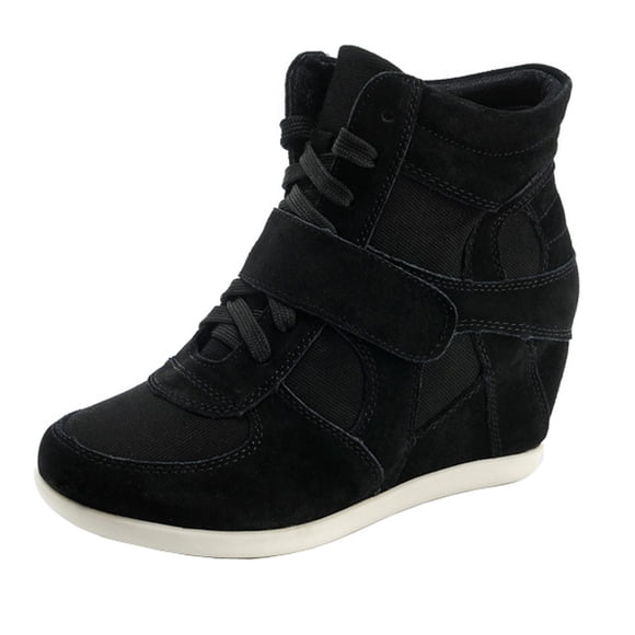 rismart Women's Wedge Casual Hook Loop Fabric Suede Leather Fashion Sneakers 8522(Black,7.5)