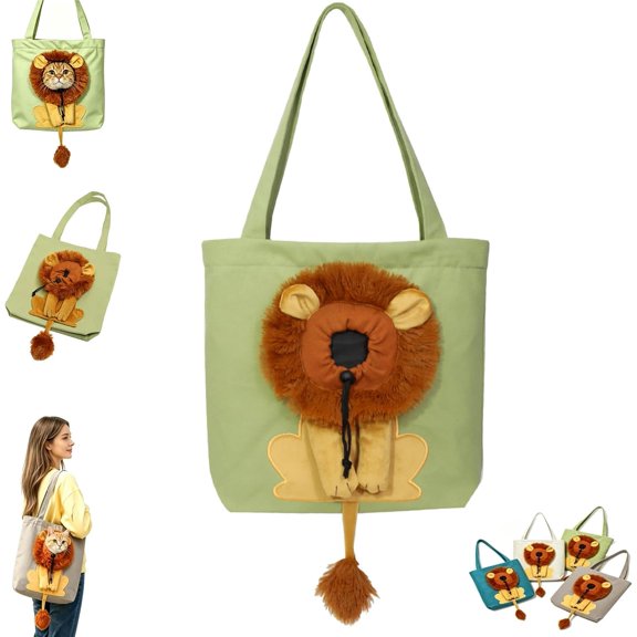 Cat Carrier Tote Bag with Lion Face Hole, Cute Lion-Shaped Pet Canvas Shoulder Bag, Portable Breathable Cat Carrier Pet Out Bag