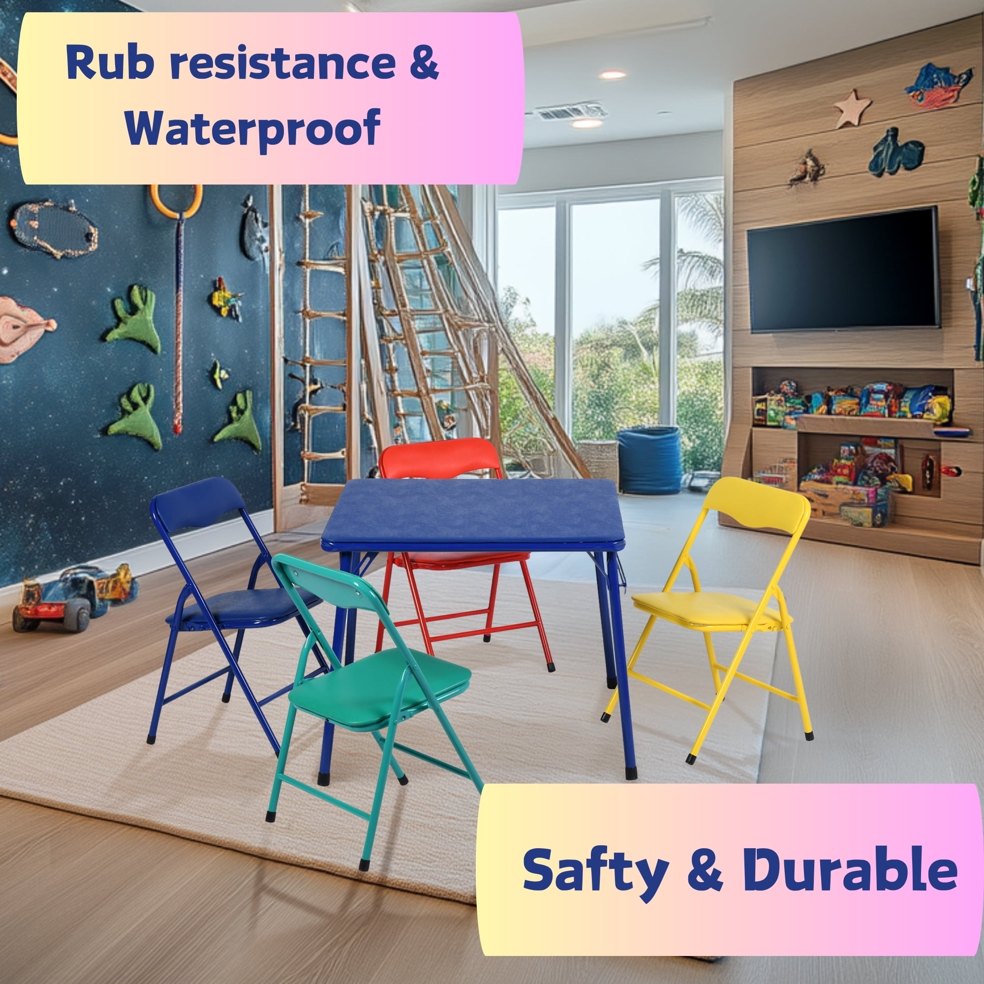 Kids 5-Piece Folding Table and Chair Set, Multicolor – Includes Blue Table and Red, Yellow, Green, Blue Chairs