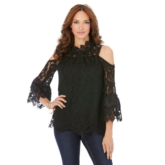 Roaman's Women's Plus Size Lace Cold-Shoulder Top