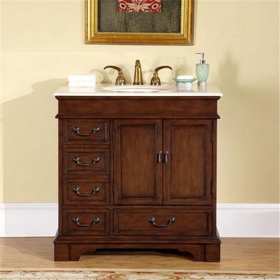 Silkroad Exclusive Transitional Cream Marfil Marble Bathroom Vanity- Single Sink - 36 in. Wide