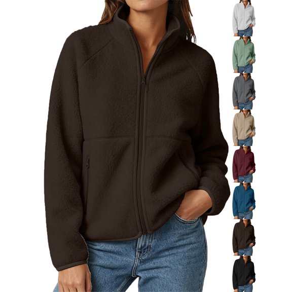 Fleece Jacket Women Fashion Full Zip Stand Collar Casual Long Sleeve Soft Warm Jacket Outdoor Travel Tops