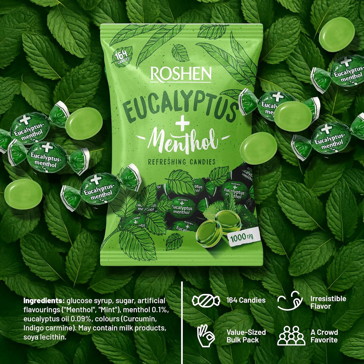 Roshen Eucalyptus-Menthol Hard Candy, Refreshing Mint & Eucalyptus Flavor, 2.2 lbs (Pack of 2)