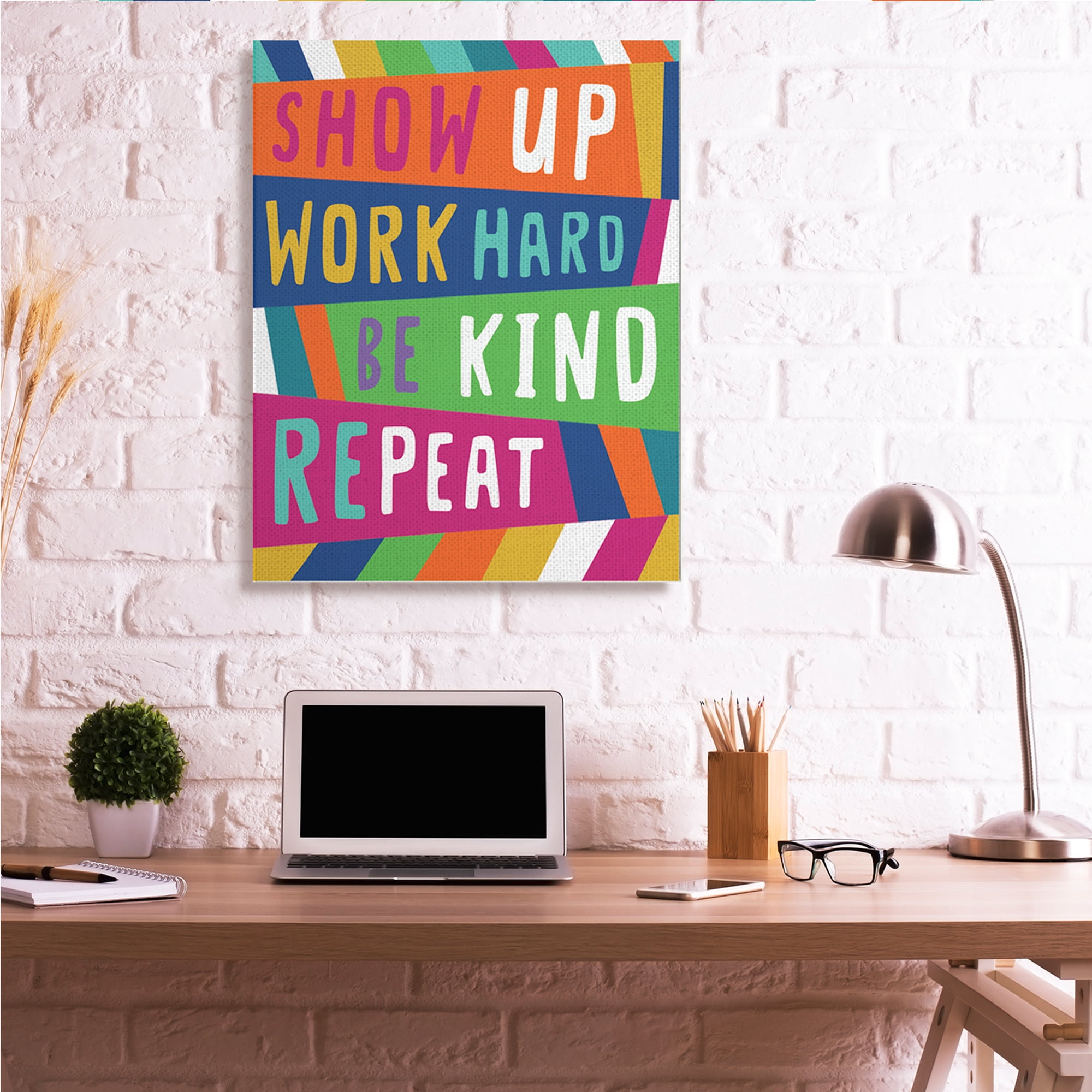 Stupell Industries Show Up Work Hard Phrase Pop Stripe Pattern,36 x 48,Designed by Nina Seven