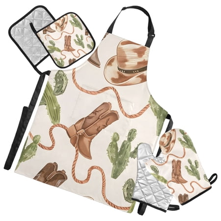 Western Cowboy Hats Ropes Boots Cactus Apron Set with Oven Mitts Pot Holders Set of 5 Kitchen Stuff Accessories