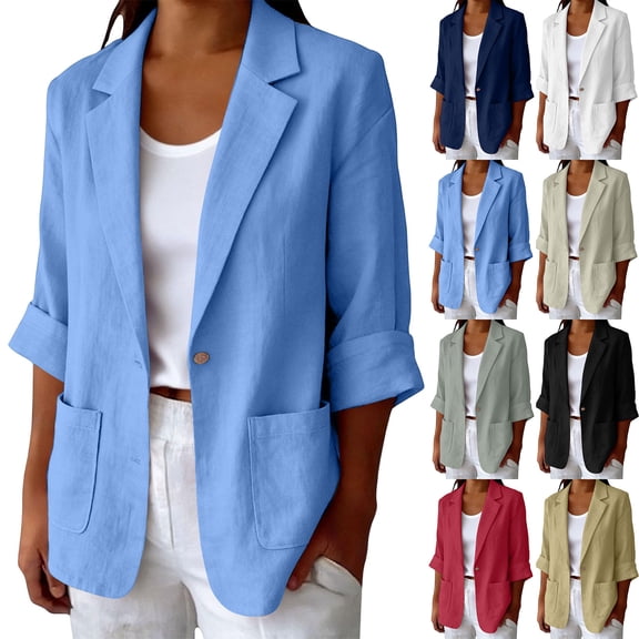 Women's Long Sleeve Regular Fit Single Breasted Turndown Collar Pocket Linen Blazer Jacket Comfy Office Business Casual Daily Wear Streetwear | CSEONE,Beige L