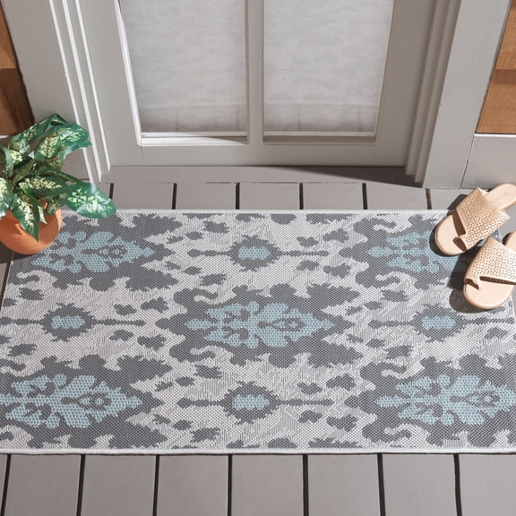 SAFAVIEH Courtyard Vivienne Geometric Indoor/Outdoor Area Rug, Light Gray/Anthracite/Aqua, 4' x 5'7"