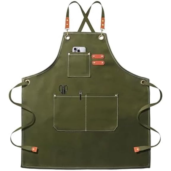 Chef Apron for Men Women Canvas Aprons with 3 Pockets Cross Back Resistant Work Apron for Cooking Army Green