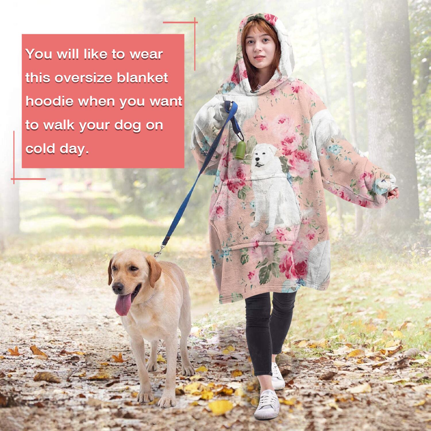 Wearable Oversized Blanket,Great Pyrenees Dog and Pioneer Flower Wearable Blanket Hoodie for Adults,Cozy Hooded Blankets with Super Pockets,Super Warm Fuzzy Pullover for Women & Men