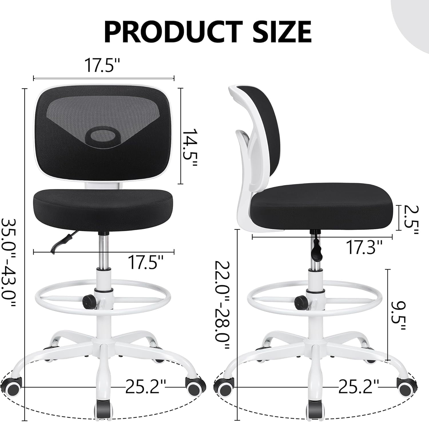 Tall Drafting Desk Chair - Armless, Adjustable Height, Mesh Back, Rolling, Standing Desk Chair for Art Room, Office or Home